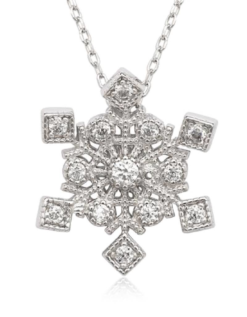 Sterling Silver Snowflake Cubic Zirconia Necklace 16"+2" Extender