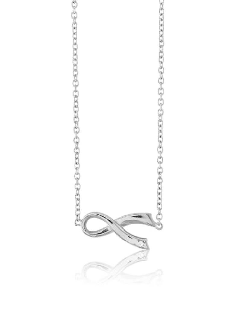 Sterling Silver Sideways Ribbon Cubic Zirconia Necklace 16"+2" Extender