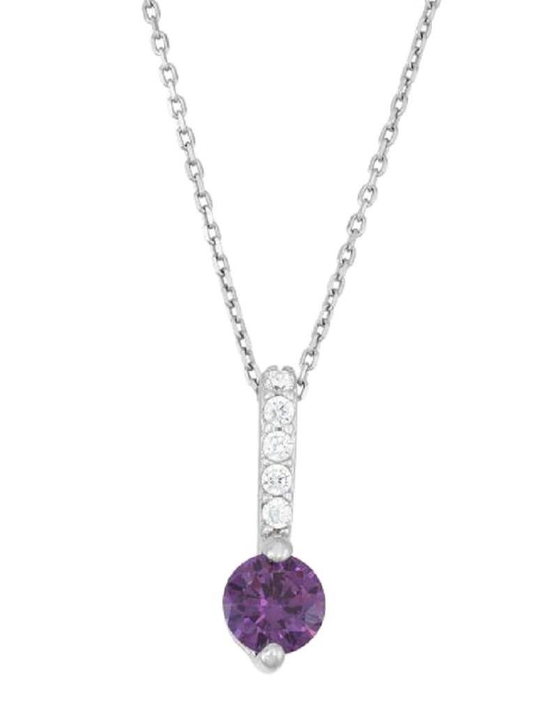 Sterling Silver Round Purple Cubic Zirconia Bar Necklace 18"