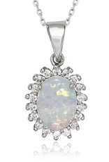 Sterling Silver Oval Synthetic White Opal and Cubic Zirconia Necklace 18"
