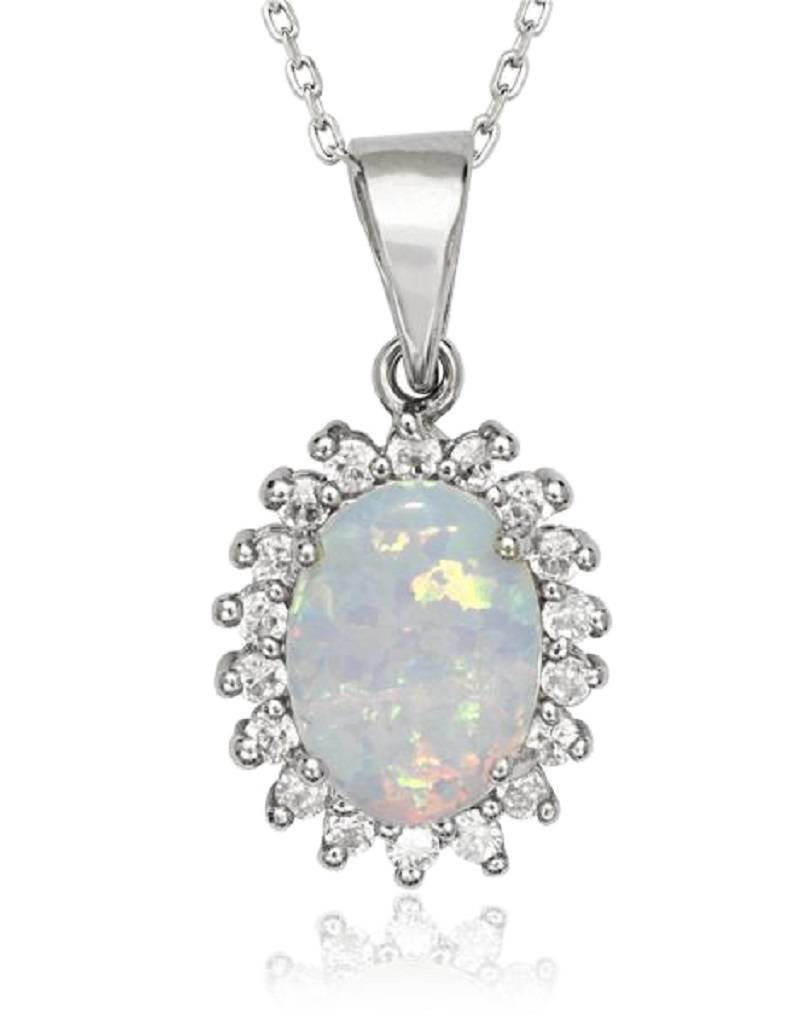 Sterling Silver Oval Synthetic White Opal and Cubic Zirconia Necklace 18"