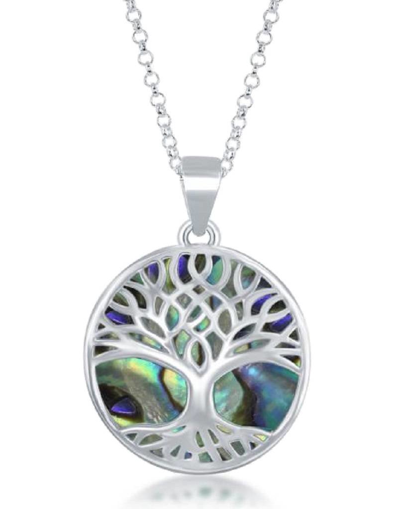 Sterling Silver Round Tree of Life Abalone Necklace 16"+2" Extender