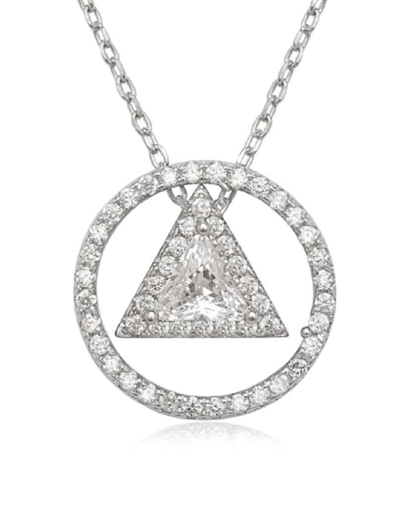 Sterling Silver Triangle in Circle Cubic Zirconia Necklace 16"+2"