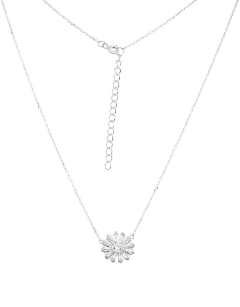 Sterling Silver Flower Baguette Cubic Zirconia Necklace 16"+2" Extender
