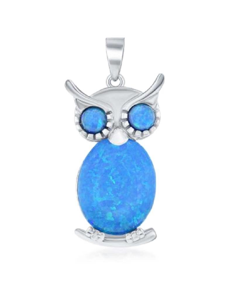 Sterling Silver Owl with Synthetic Blue Opal Pendant 33mm