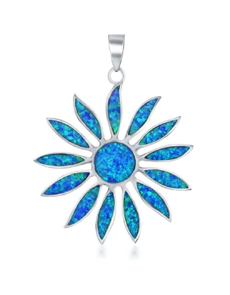 Sterling Silver Daisy with Synthetic Blue Opal Pendant 38mm