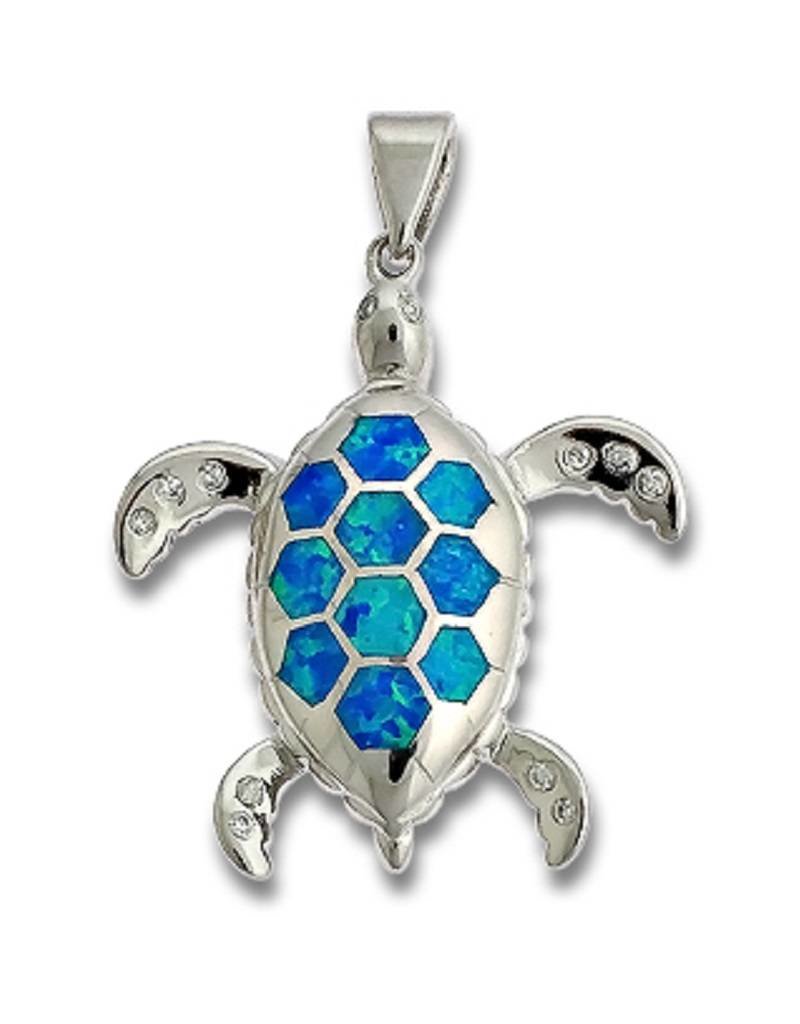 Sterling Silver Turtle Synthetic Opal and Cubic Zirconia Pendant