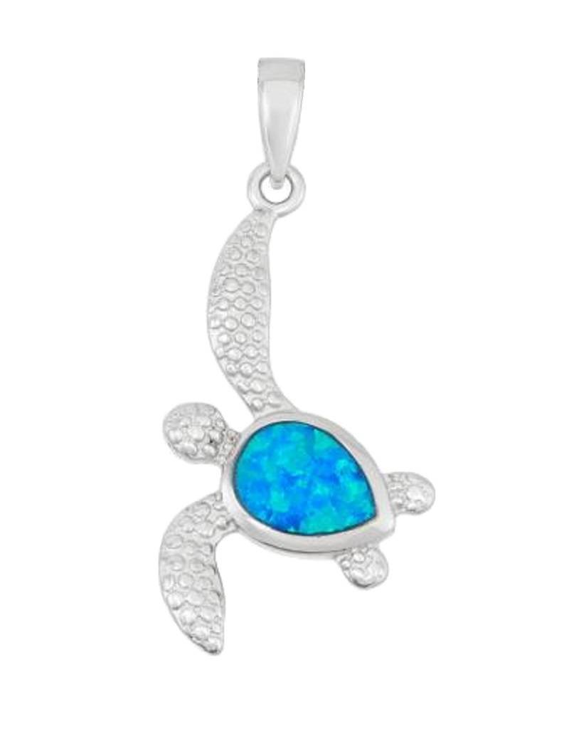 Sterling Silver Turtle with Synthetic Blue Opal Pendant 29mm