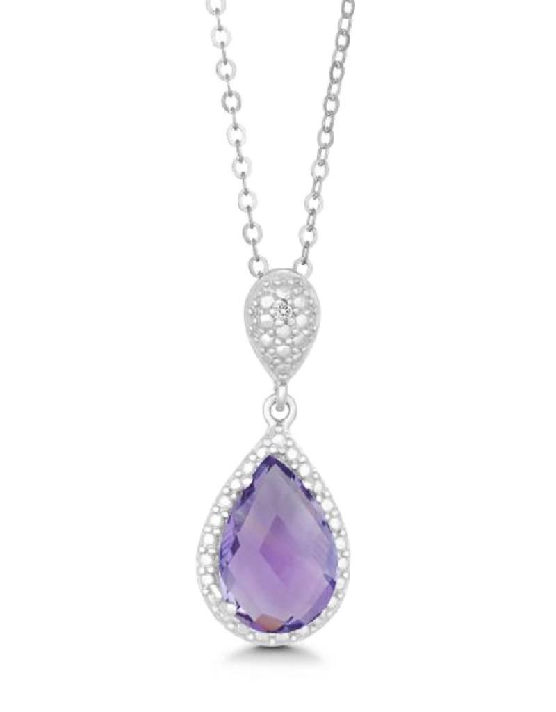 Sterling Silver Teardrop Amethyst and Diamond Necklace 18" (Includes Chain)