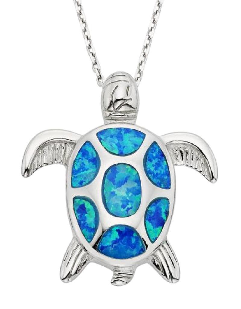 Sterling Silver Turtle with Synthetic Blue Opal Pendant 24mm