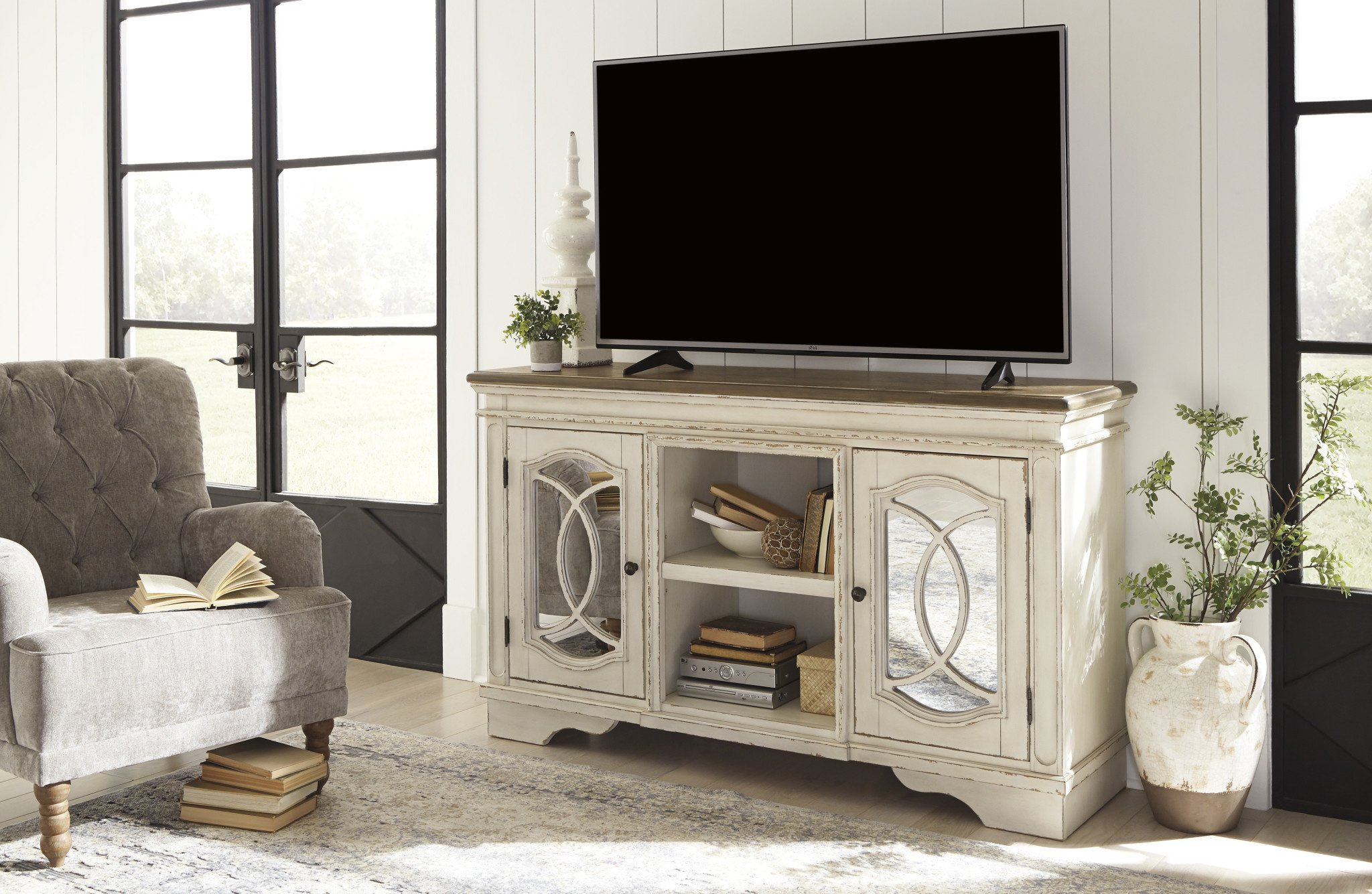 Signature Design "Realyn" Large TV Stand- Chipped White- W743-48