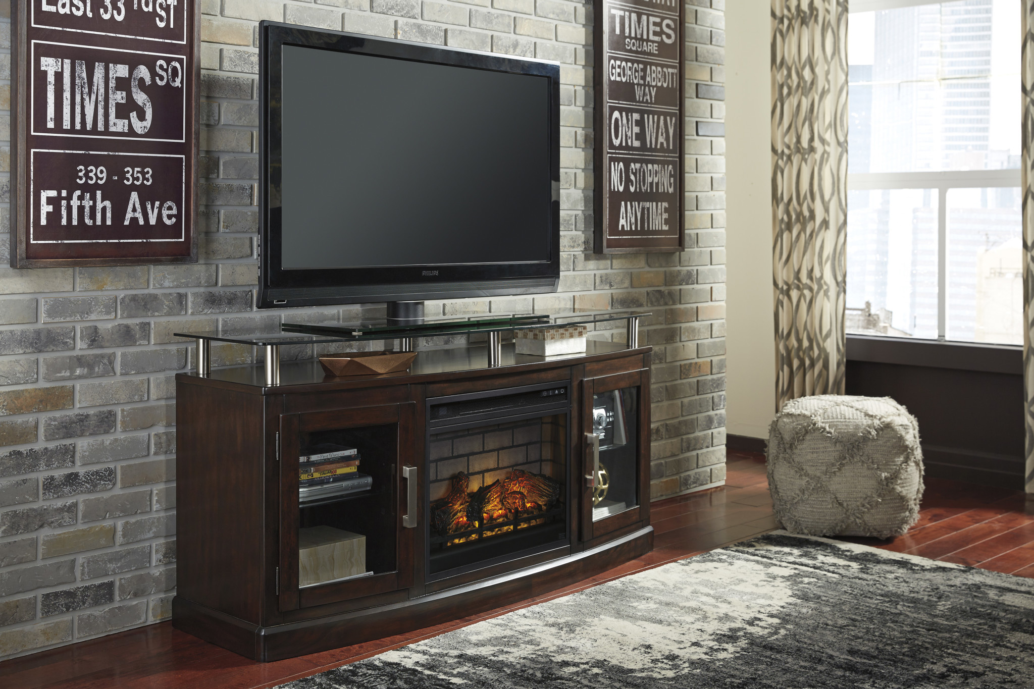 Signature Design "Chanceen" Medium TV Stand w/ Fireplace or Speaker Option- Dark Brown- W757-48