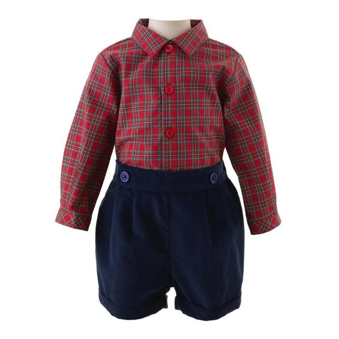 Rachel Riley Boys Tartan Shirt and Short Set Red/Navy