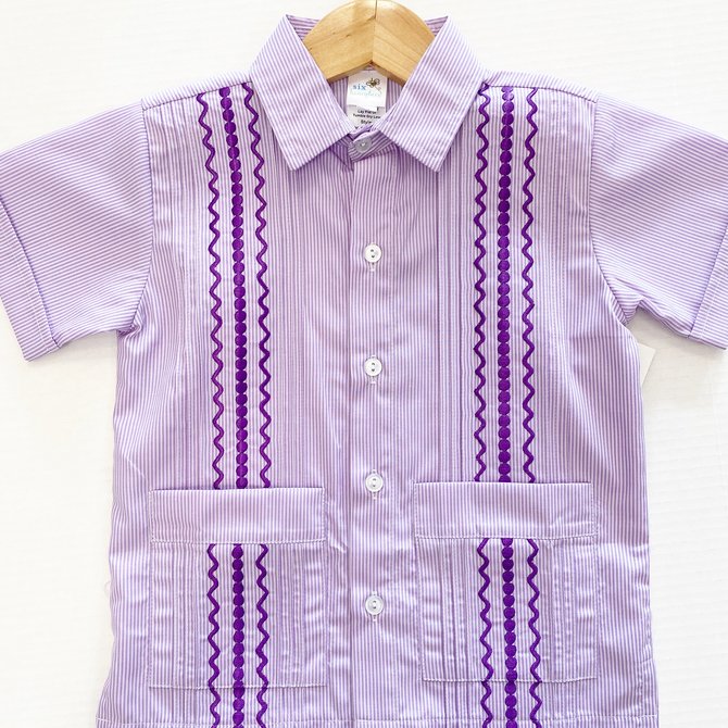 Six Honeybees Guayabera Shirt Purple/White Stripe w Purple Stitch