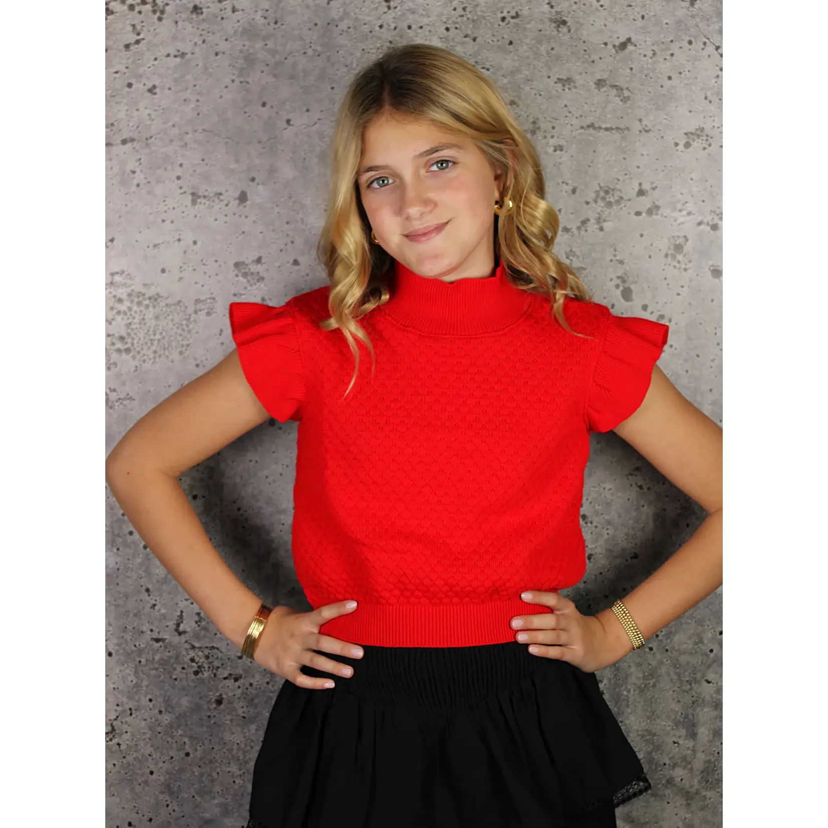 If So If So Red Knit Ruffle Sleeve Top