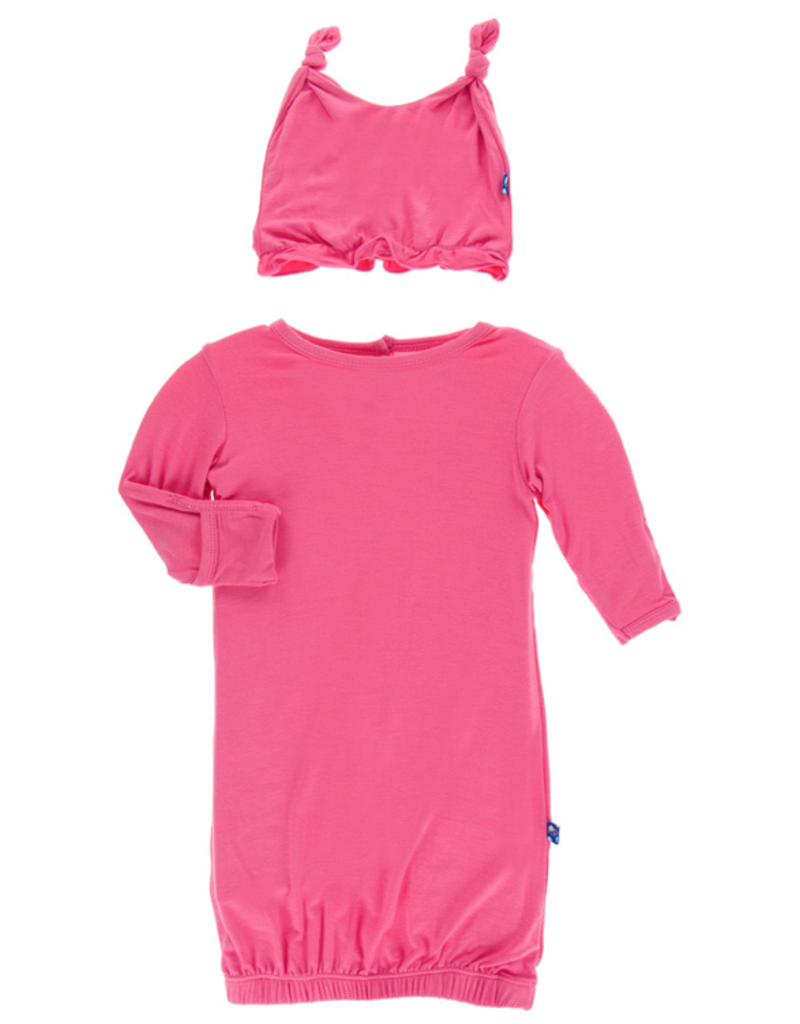 Kickee Pants Solid Layette Gown & Knot Hat Set Flamingo