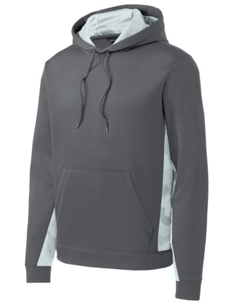 Sport-Tek Sport-Tek® Youth Sport-Wick® CamoHex Fleece Colorblock Hooded Pullover - Dark Smoke Grey / White