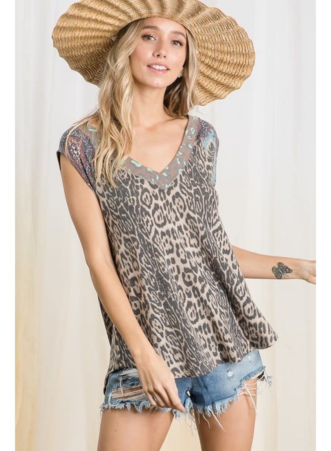 Leopard Print Mixed Fabric cap Sleeve Top