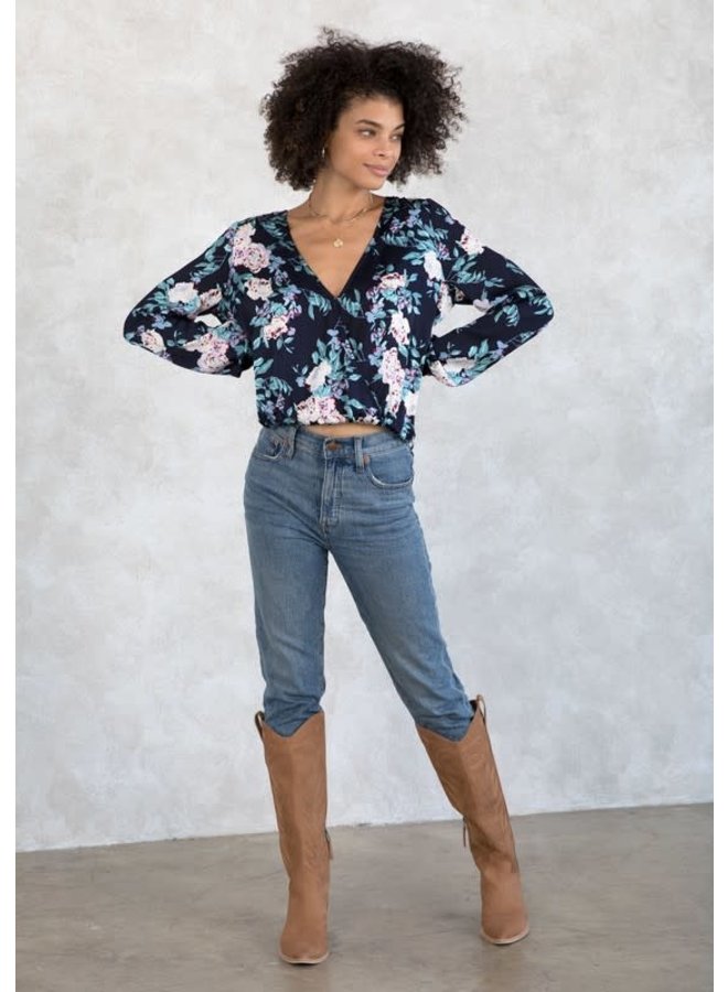 Silky Floral Print Surplice Top