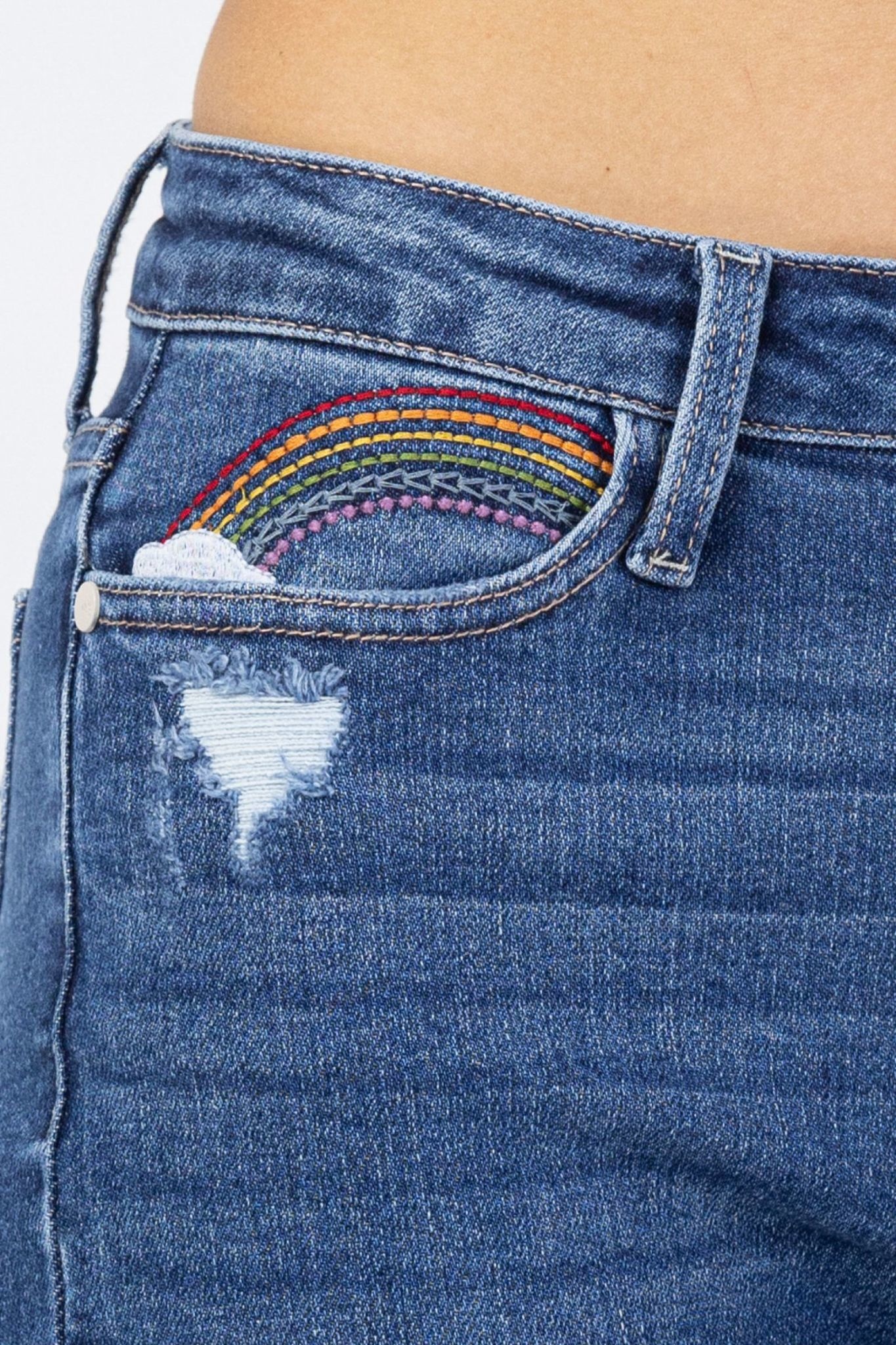 HI-Rise Rainbow Embroidery Crop Jeans - Casual 2 Dressy Women's Clothing