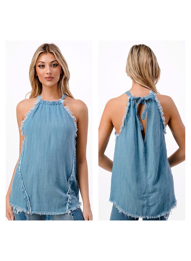 Chambray Frayed Halter Top