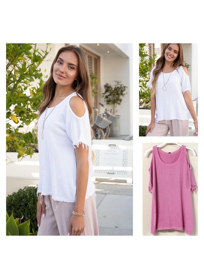 Cold Shoulder Linen Frayed Hem Top