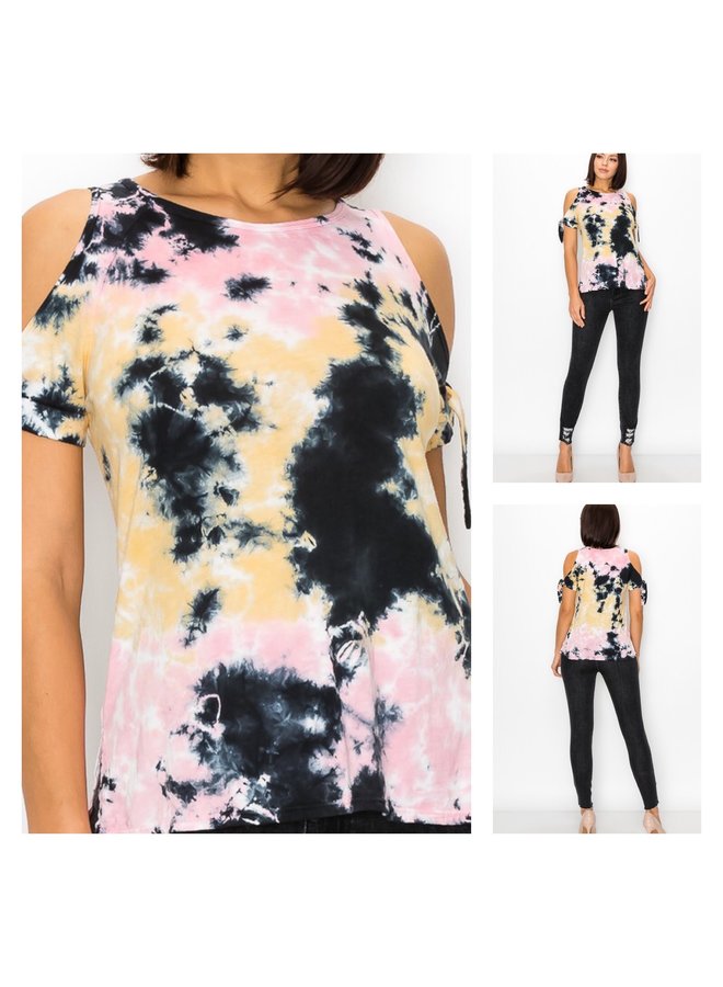 Tied Cold Shoulder Tie Dye S/S Top