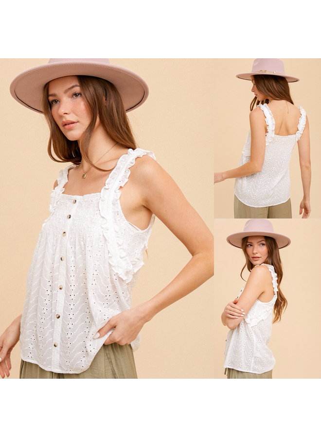 Eyelet Tank w/ Ruffle Neck