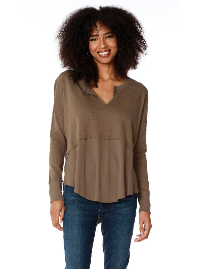 Rib Mixed Fabic Split Neck Top