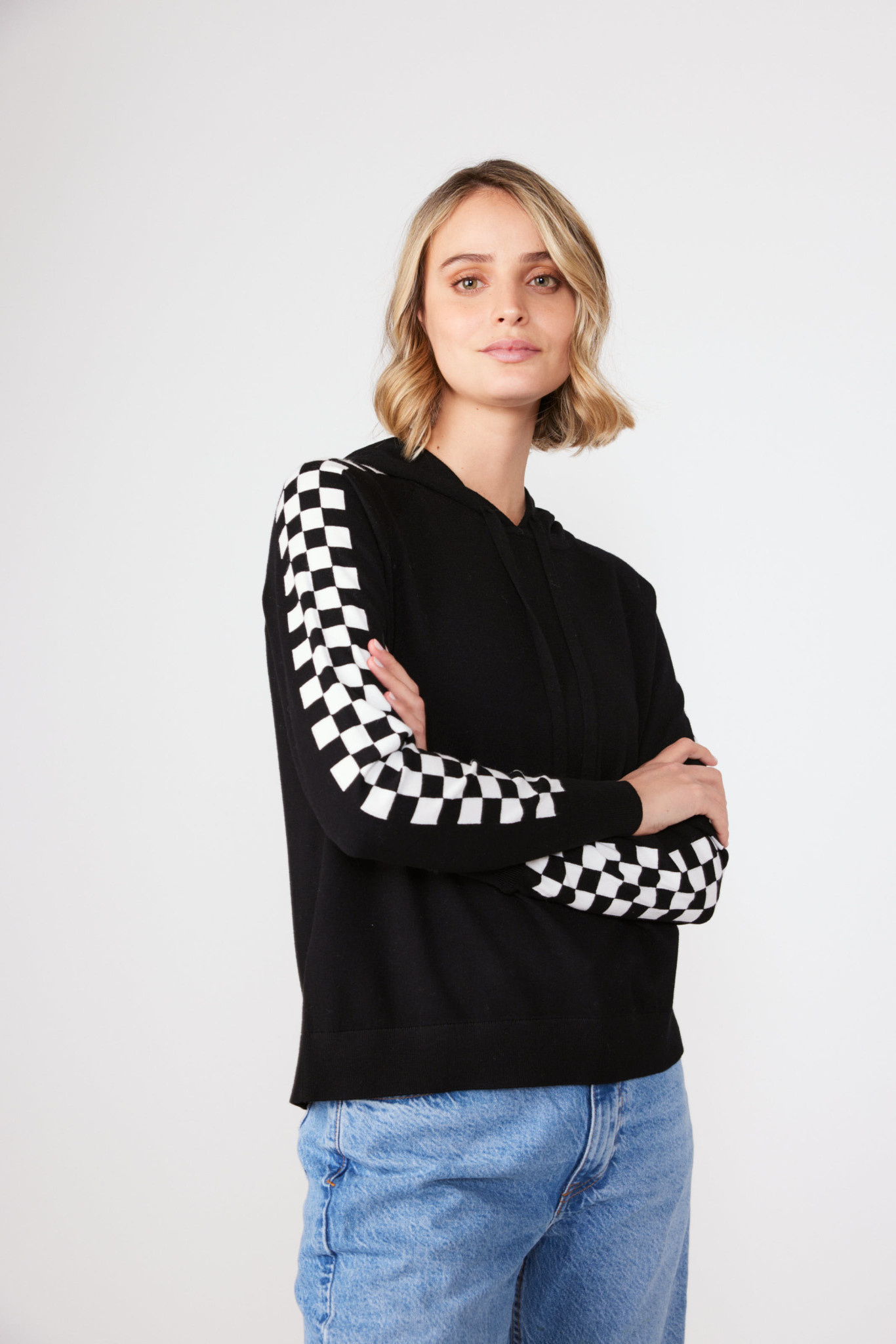 Checkered Sleeve Hoodie Casual 2 Dressy Women s Clothing