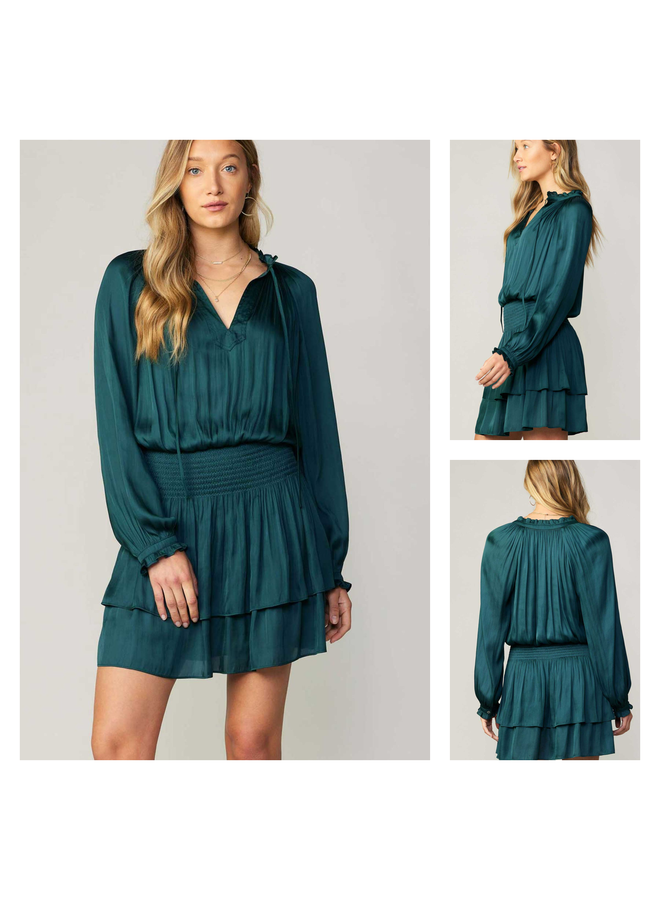 V Neck Dress w/Smocked Detail & Ruffle Cuffs