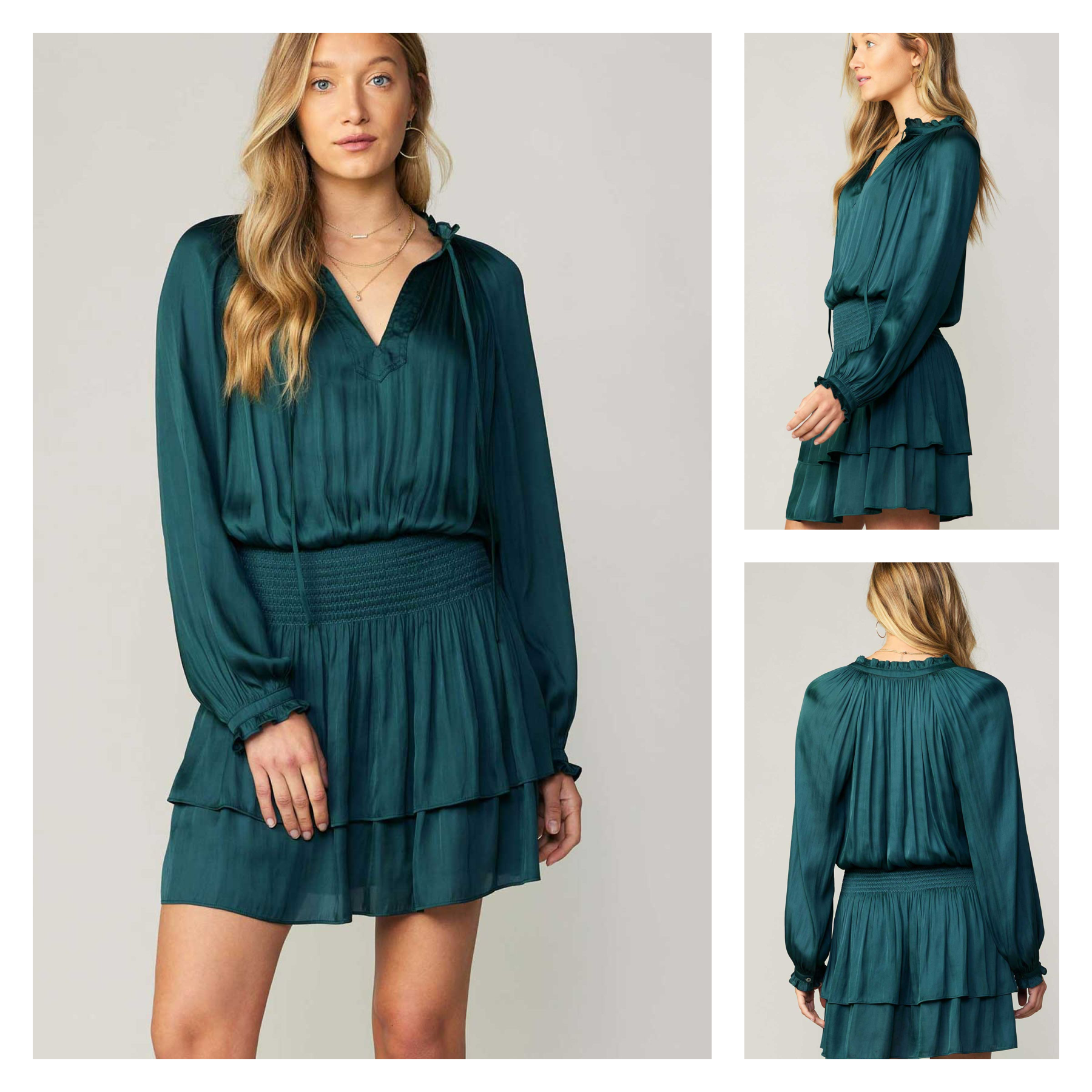 V Neck Dress w/Smocked Detail & Ruffle Cuffs - Casual 2 Dressy Women’s ...