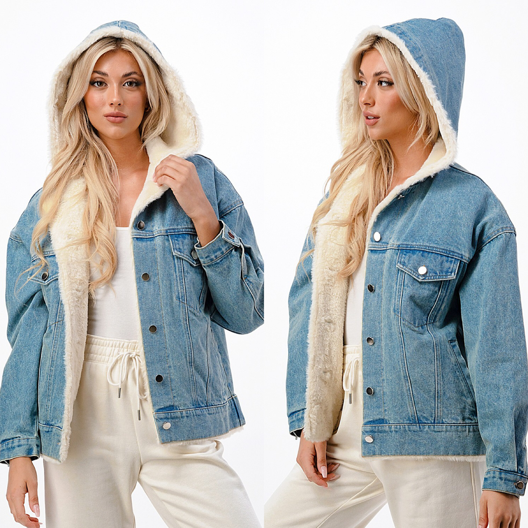 Hooded Denim Jacket w Faux Fur Lining Casual 2 Dressy Women s Clothing