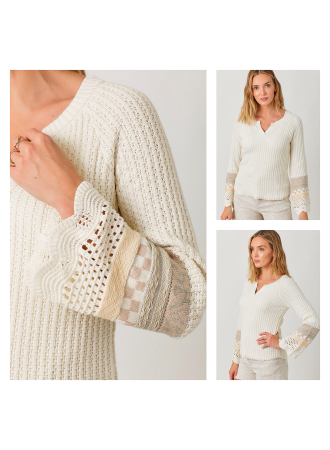 Crochet Mixed Fabric Sleeve Henley Sweater