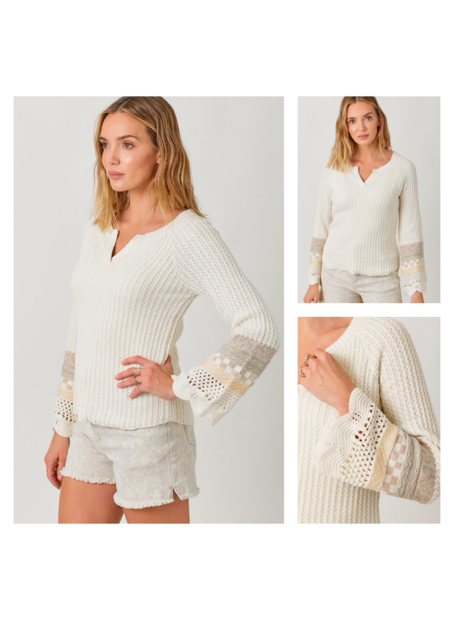 Crochet Mixed Fabric Sleeve Henley Sweater