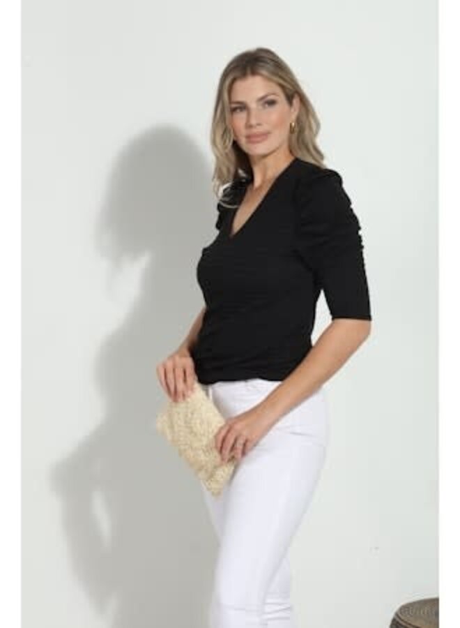 V Neck Ribbed Puff Sleeve Top