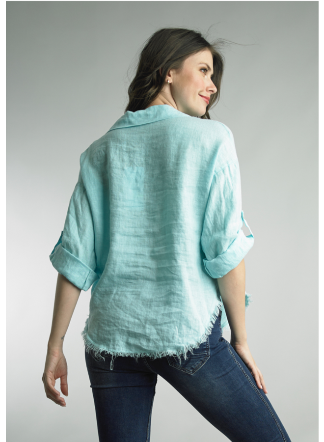 Frayed Hem Linen Top w/Rolled Sleeves