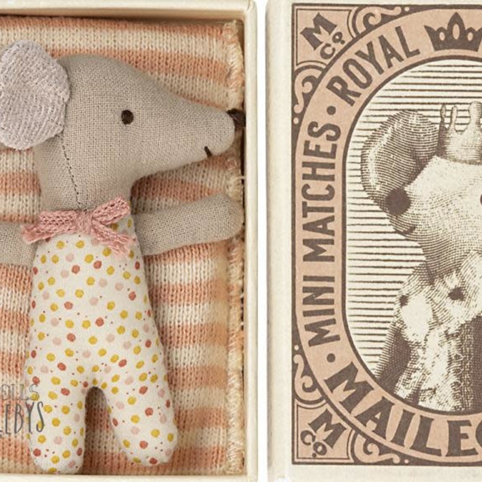 Maileg Baby, Sleepy/wakey Mouse in Matchbox - Rose
