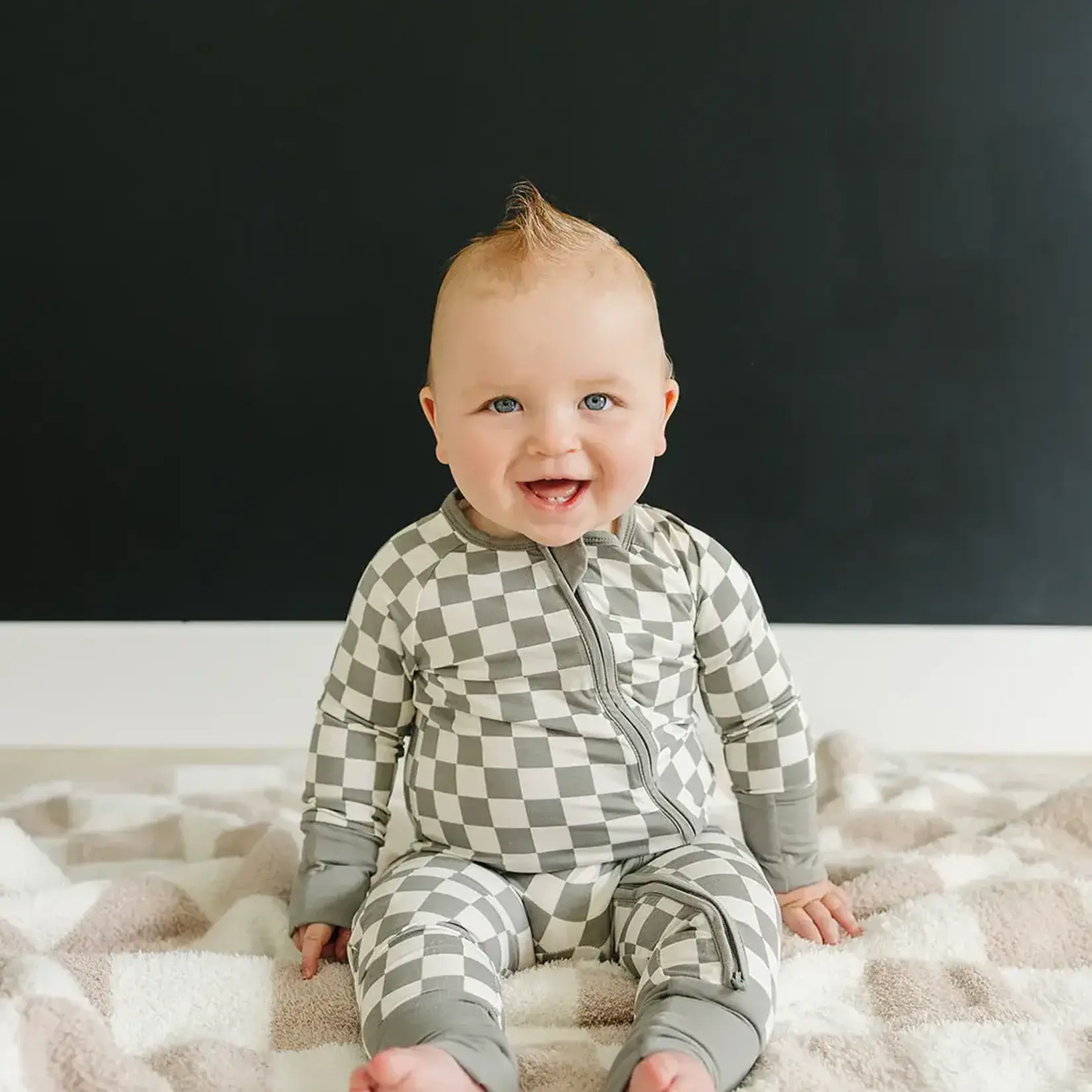 Mebie Baby Bamboo Zipper Romper - Light Green Checkered