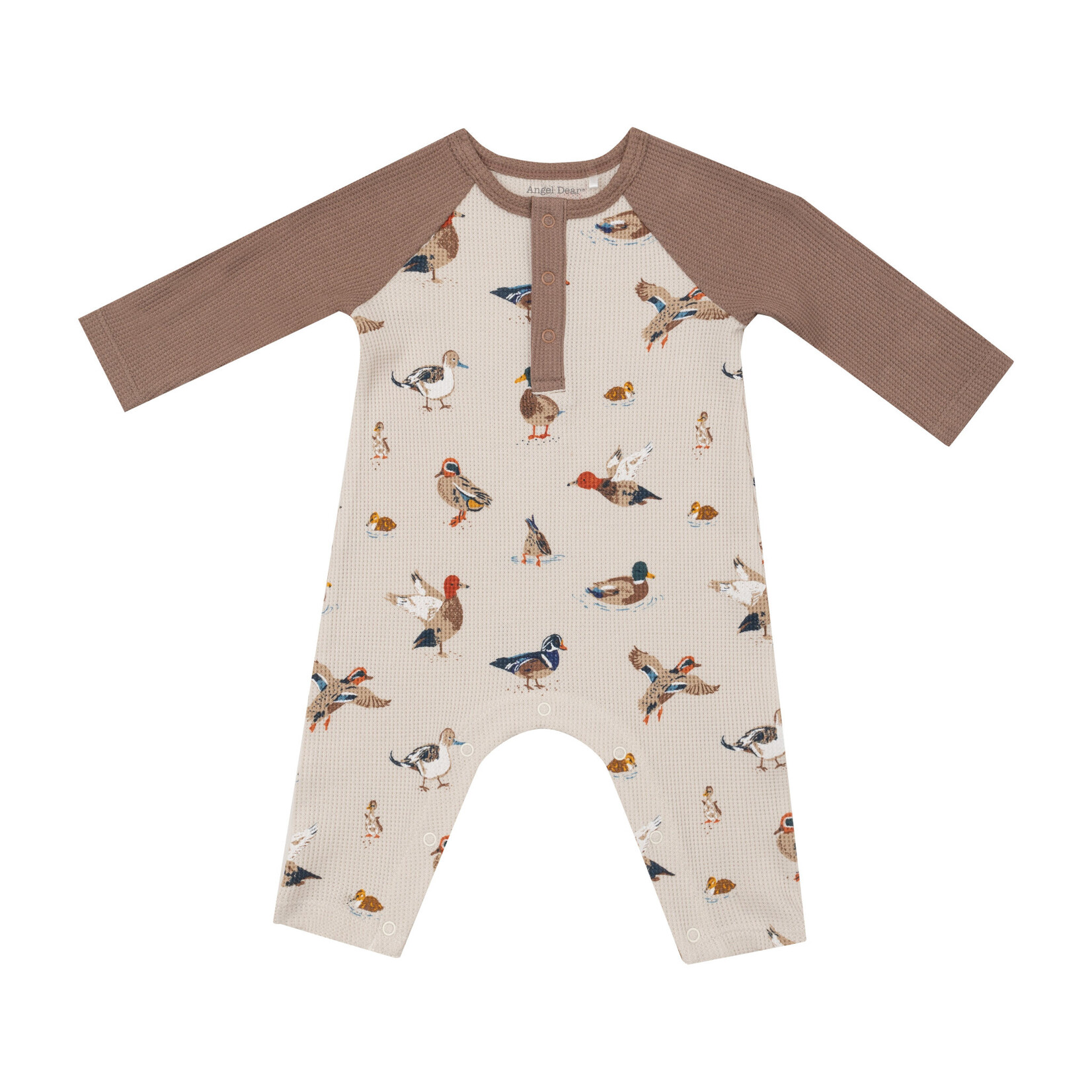 Angel Dear Raglan Henley Romper | Ducks Waffle 0-3M