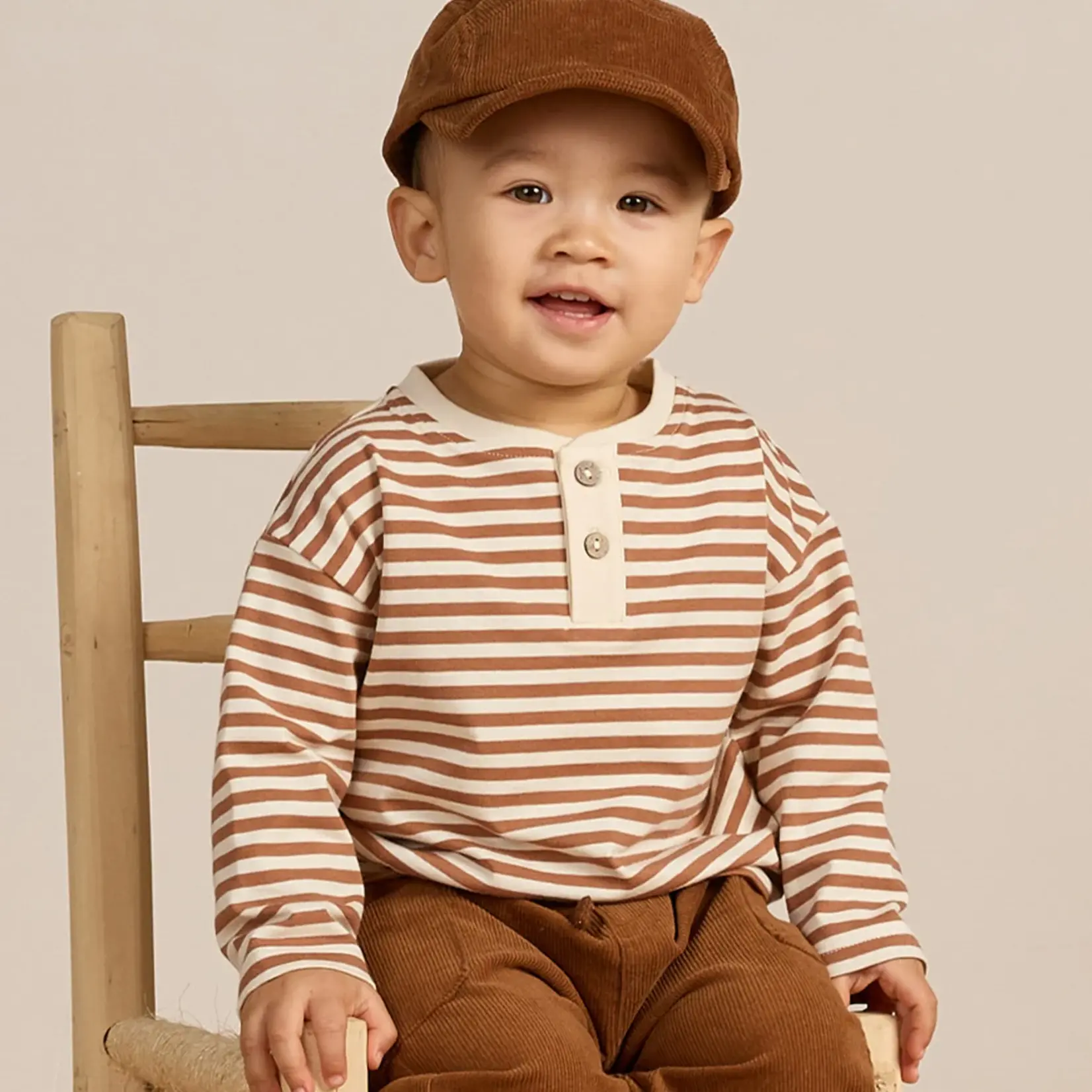 Quincy Mae Long Sleeve Henley Tee | Cinnamon Stripe