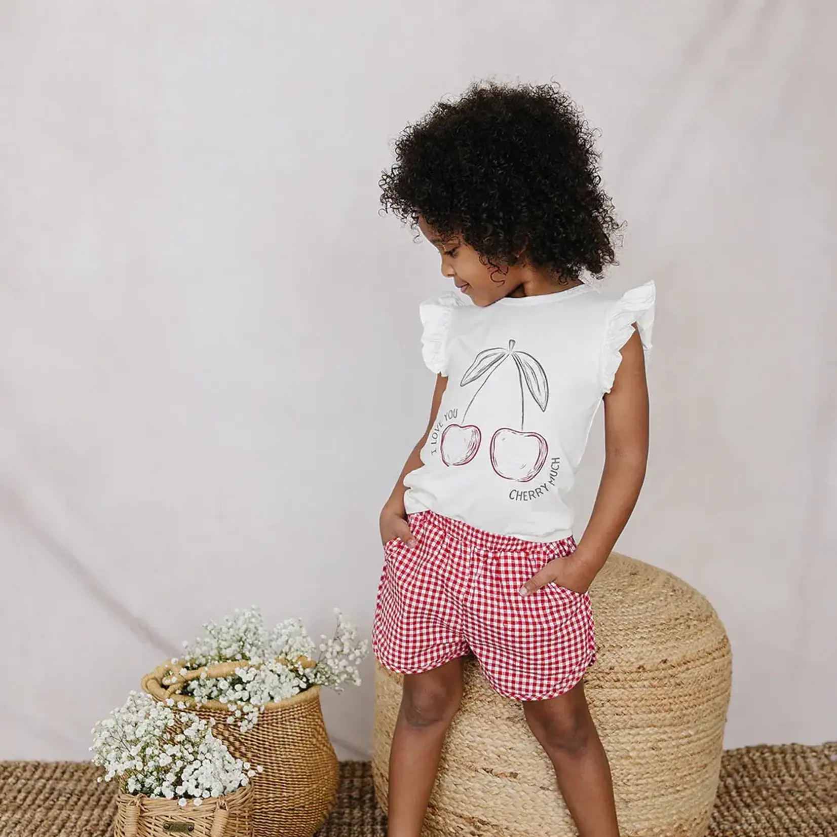 Mebie Baby Ruffle Tee + Short Set | Cherry + Red Gingham