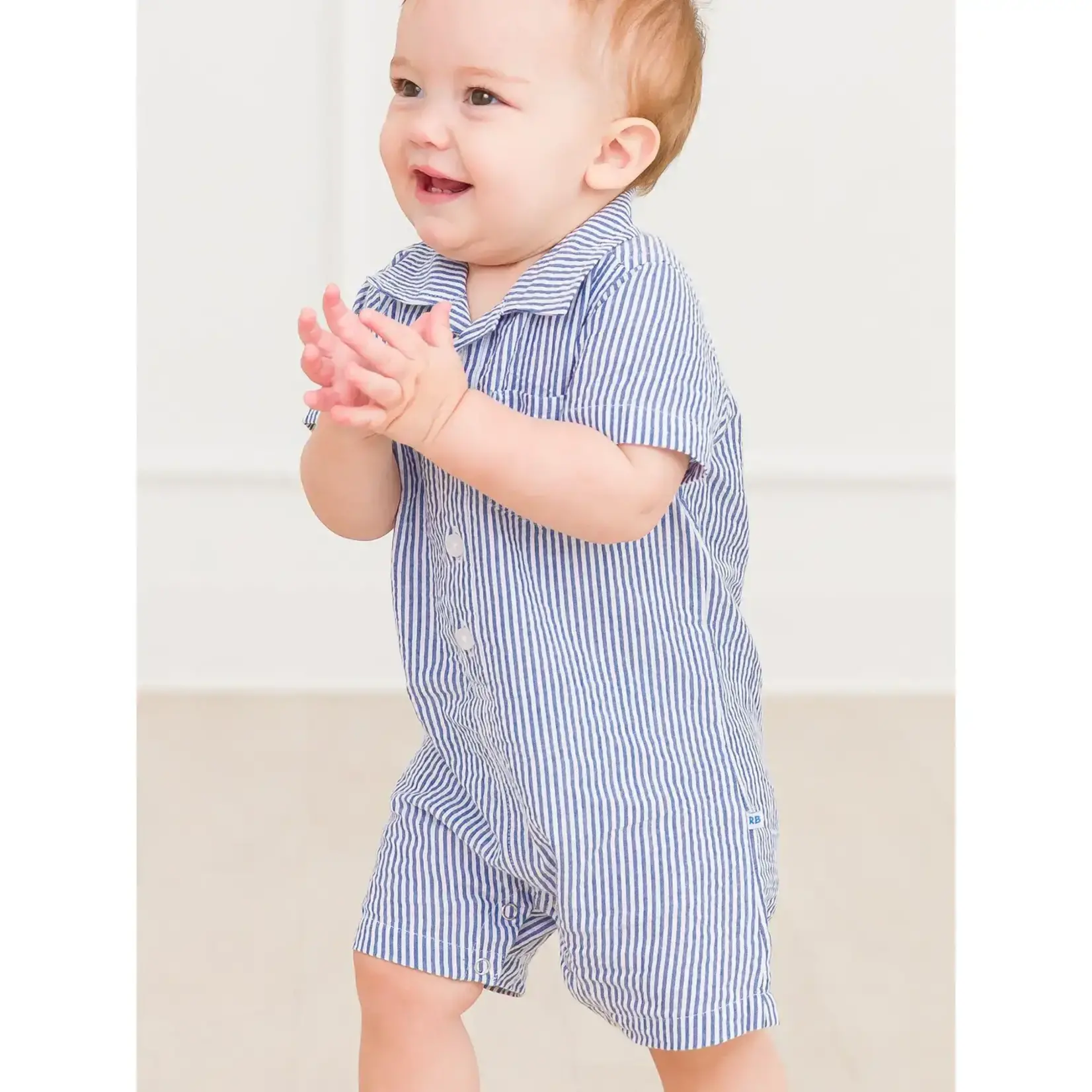 RuggedButts Baby Boy Blue Seersucker Romper