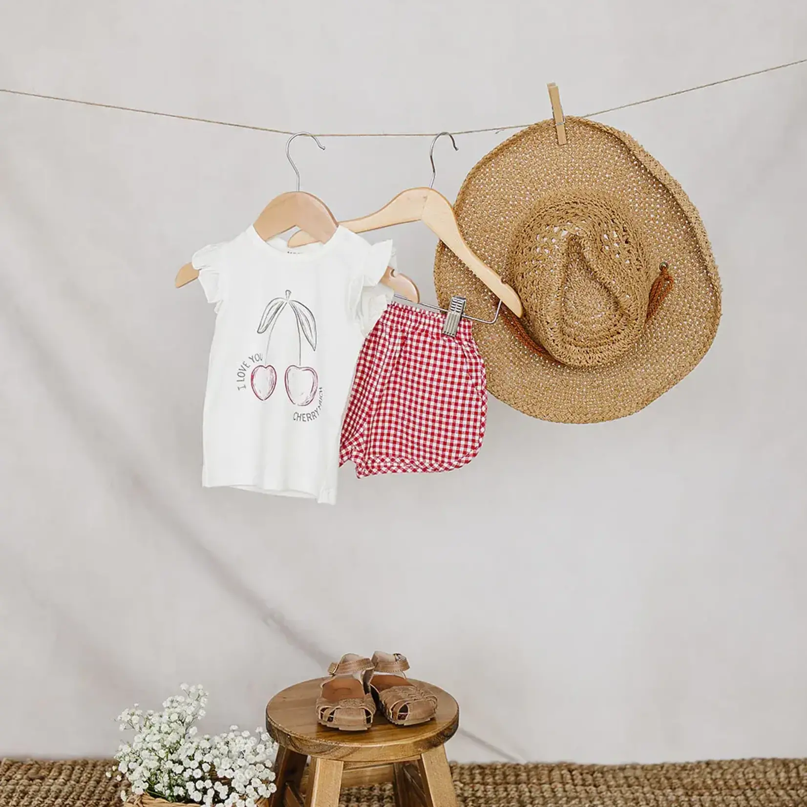 Mebie Baby Baby Ruffle Tee + Short Set | Cherry + Red Gingham