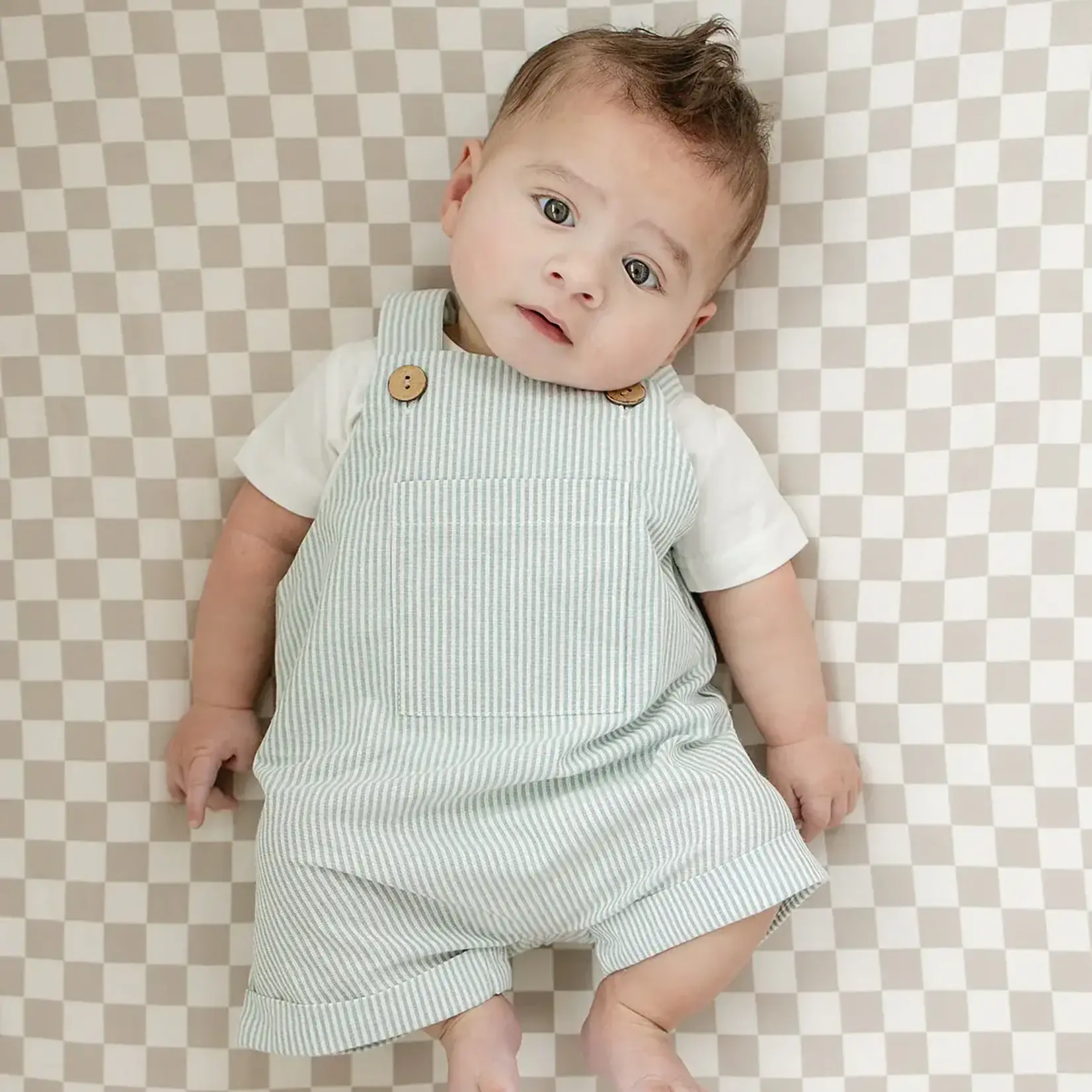 Mebie Baby Green Stripe Short Linen Overalls