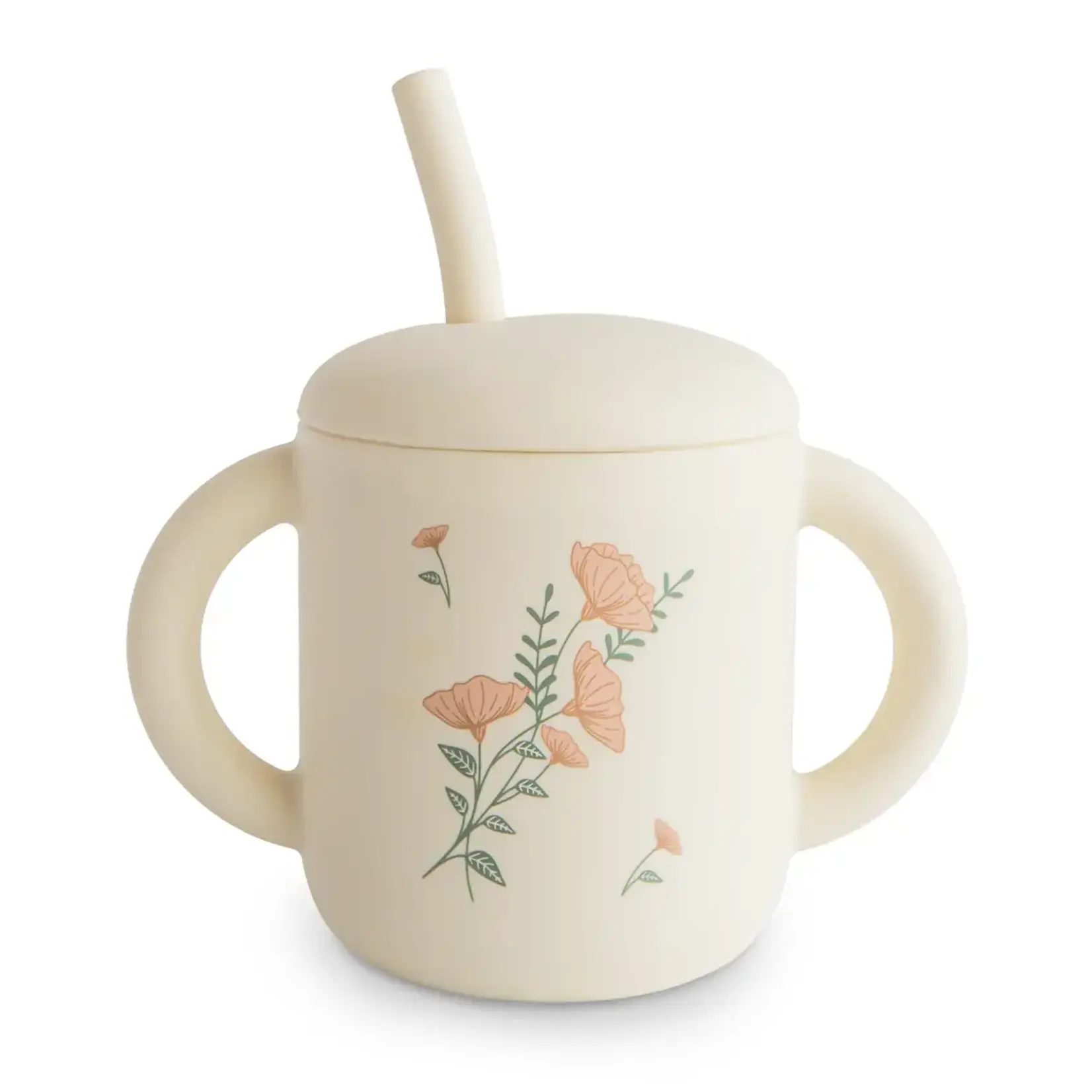 Mushie & Co Silicone Training Cup + Straw, Pink Flowers