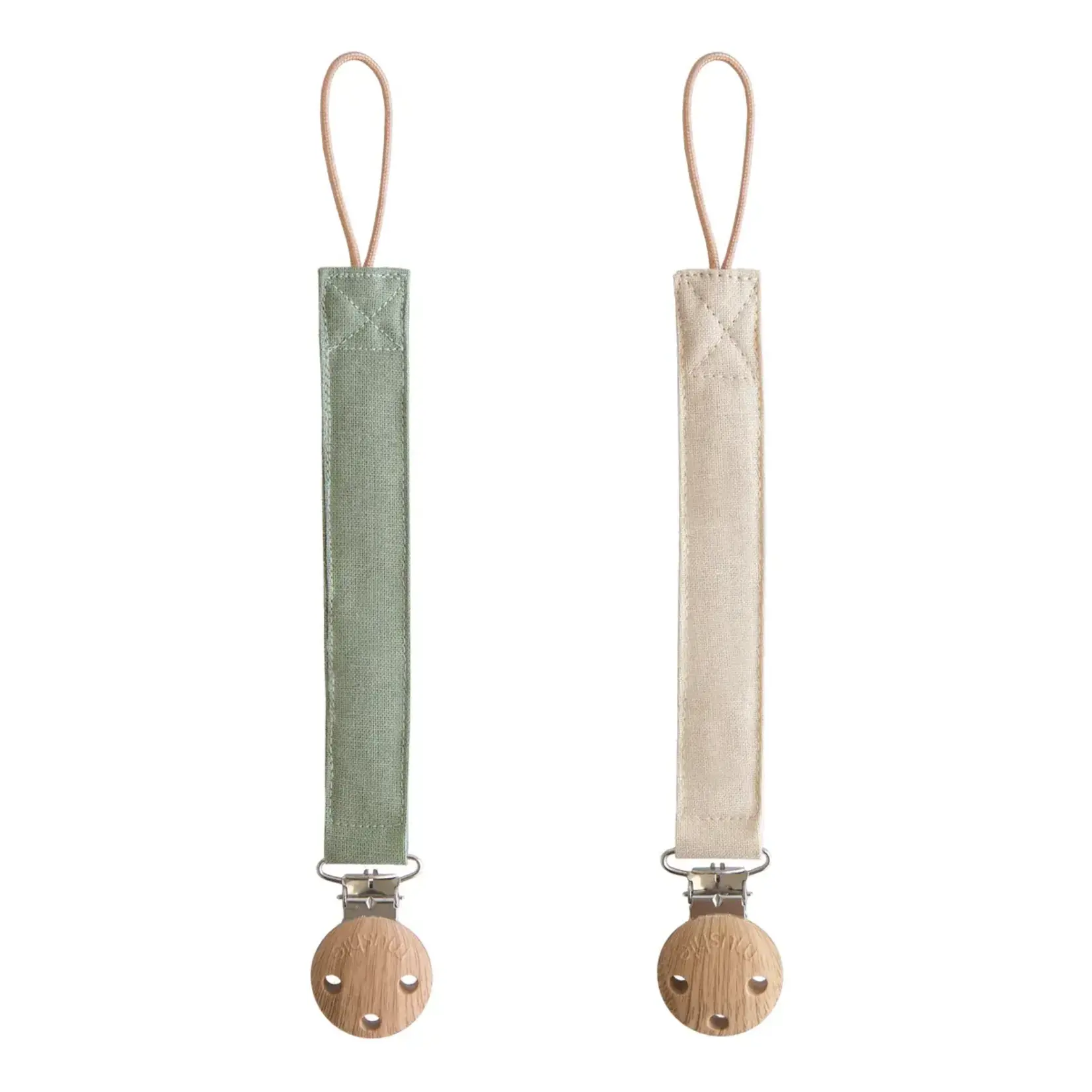 Mushie & Co Linen Pacifier Clip - 2 Pack (Olive/Shifting Sand)