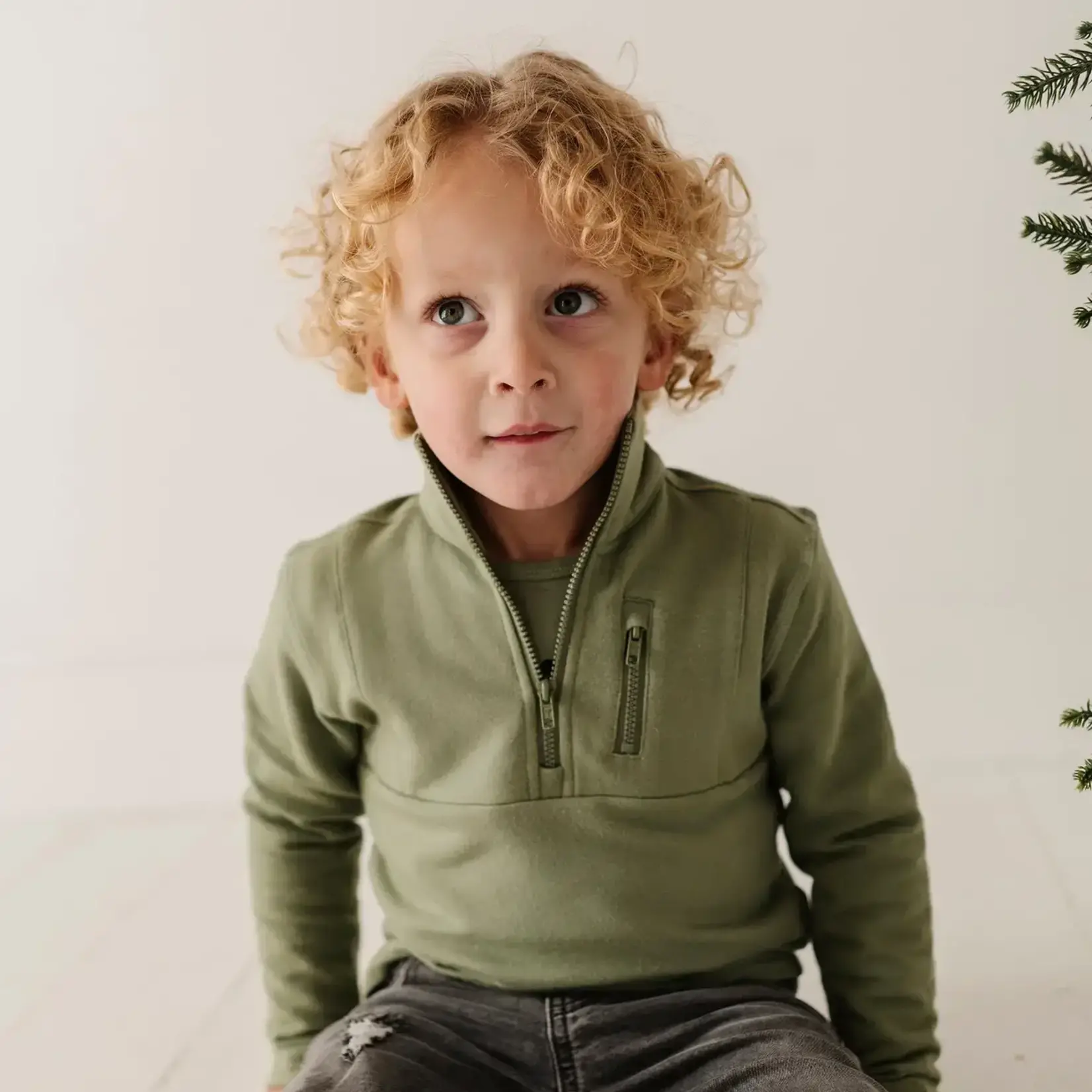 babysprouts clothing company Boys 3/4 Fleece Zip Sweatshirt | Olive