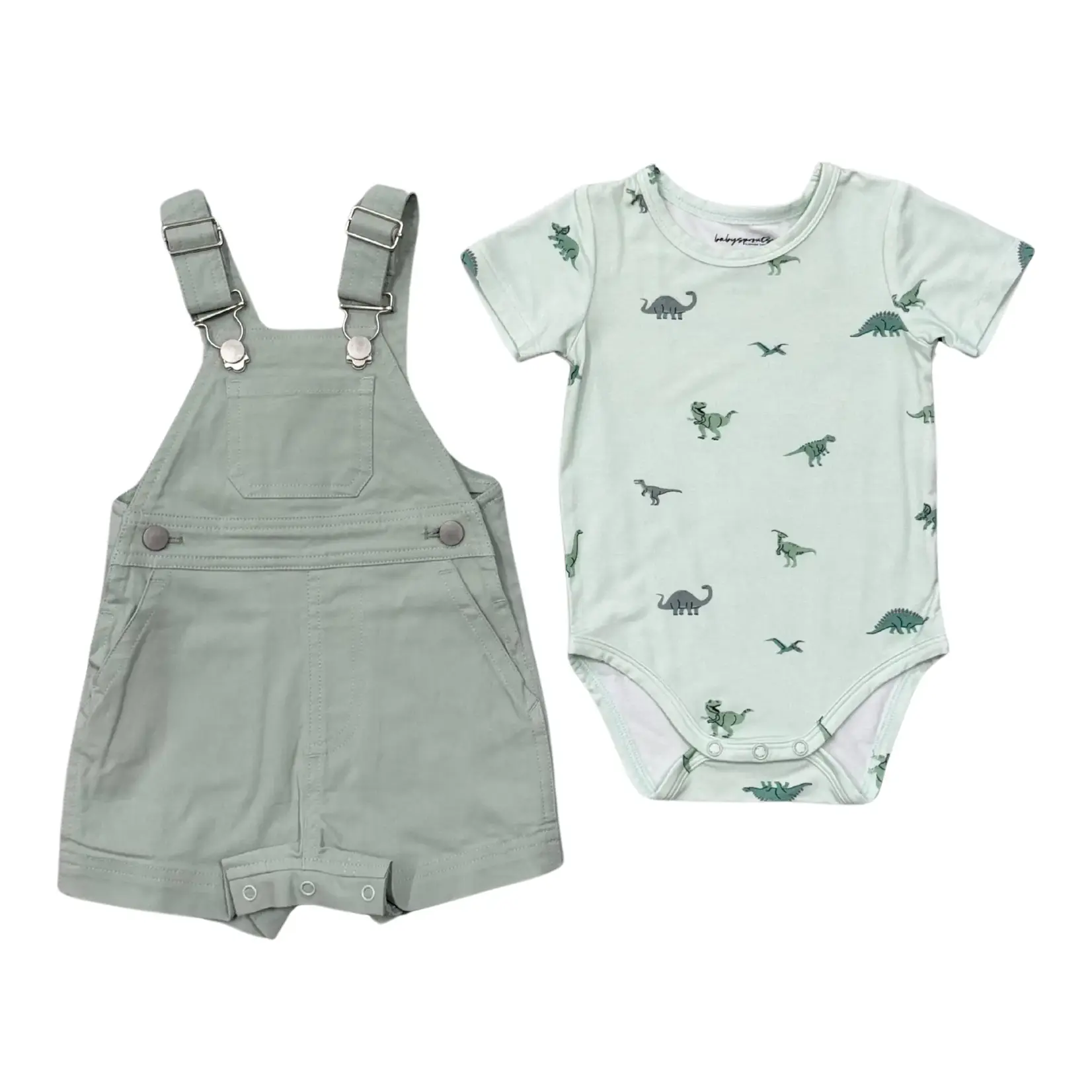 babysprouts clothing company Baby Overalls Set - Aqua Grey/Dinosaur