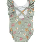babysprouts clothing company Ruffle Sleeve Cross Back Swimsuit - Sketched Daisy